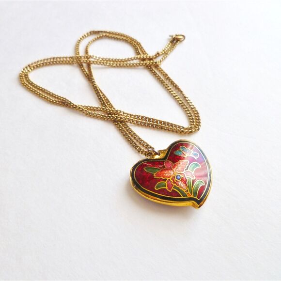 RED HEART Pendant 12K GF 1/20 Gold Chain Necklace VINTAGE Flower Cloisonne - Picture 4 of 5